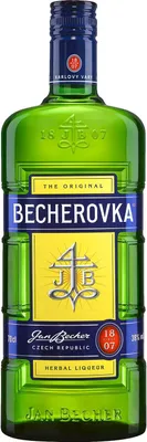 A product shot of a bottle of Becherovka herbal liqueur.