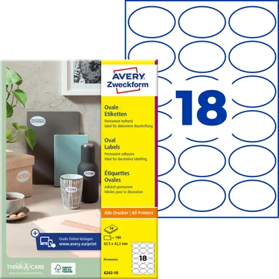 Produktbild von Avery Zweckform 6242-10, Ovale Etiketten, A4, 63,5 x 42,3 mm, 180 Etiketten / 10 Bögen, weiß