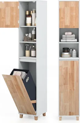 A tall, narrow bathroom cabinet with wooden accents and a laundry hamper compartment.