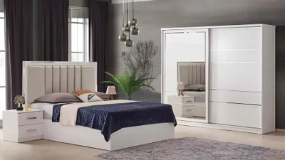 Produktbild von Holzschrank Kleiderschrank Schrank Beige Spiegel Schlafzimmerschrank
