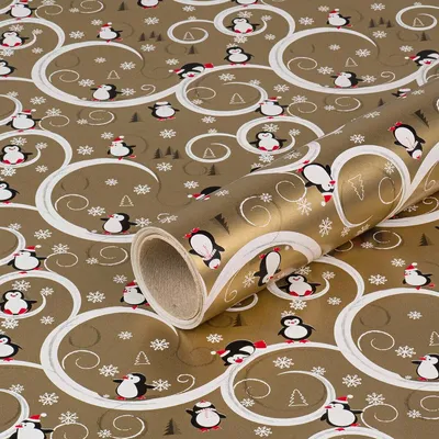 Immagine prodotto di Carta da regalo per Natale, pinguini divertenti, oro, 0,70 x 10 m