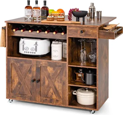 Produktbild von Küchenwagen mit Klappbarer Arbeitsplatte und Weinregal - Platzsparender Servierwagen für Küche und Esszimmer