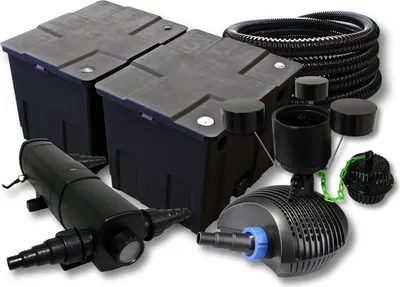 Zdjęcie produktu dla Kompletny zestaw SunSun: filtr do oczka wodnego CBF-350B o pojemności do 60000 l, pompa do oczka wodnego CTF-6000 6000 l/h 40 W, osadnik do oczka wodnego CUV-224 24 W, wąż do oczka wodnego 25 m 25 mm, skimmer CSP-250 2500 l/h 45 W