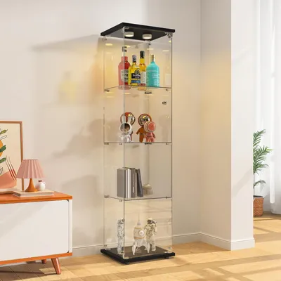 Image de Vitrine en verre noir, dimensions 164 x 42,5 x 36,5 cm, avec 4 étagères, éclairage RGB (7 couleurs) et serrure