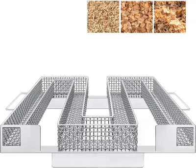 A stainless steel cold smoke generator with three small inset images of wood chips at the top.