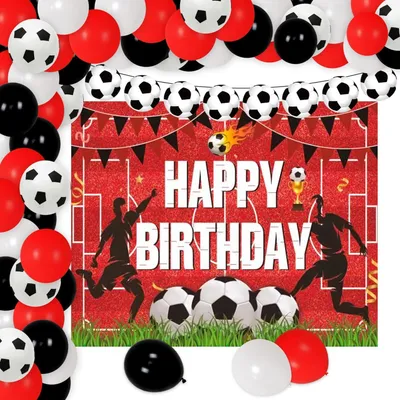 Imagen del producto de Decoración para fiestas de cumpleaños con temática futbolística: 20 globos de látex, rojos y blancos, y un cartel de cumpleaños con motivos futbolísticos, ideal para fiestas de fútbol
