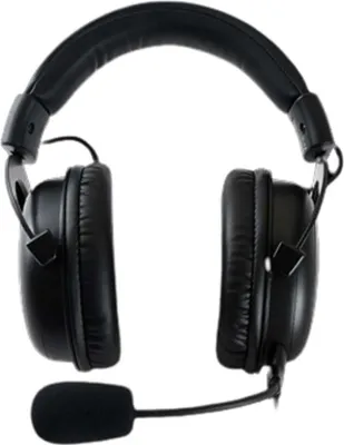 A black gaming headset with a microphone is shown against a white background.