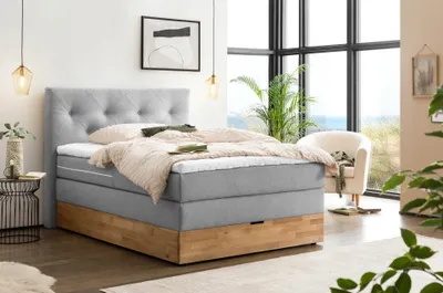 Produktbild von Belanoti MARBO Boxspringbett 140x200 mit Bettkasten 7-Zonen Taschenfederkern Matratze inkl Visco Topper Bett 140x200 Eiche Farbe Hellgrau H2/H3 Polsterbett