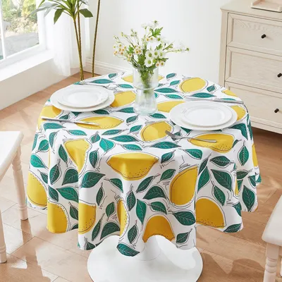 Immagine prodotto di Tovaglia rotonda, diametro 150 cm, lavabile, idrorepellente, colore giallo limone, realizzata in poliestere