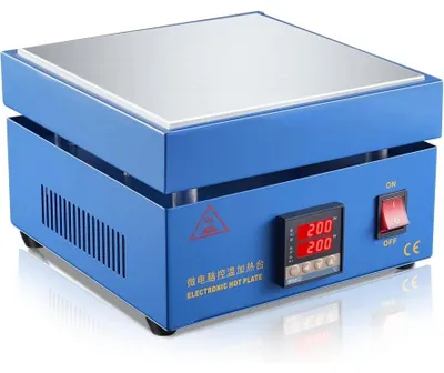 Immagine prodotto di Piastra riscaldante elettrica - Stazione di preriscaldamento - 850 W - Controllo digitale della temperatura - 30–400 °C - 20 × 20 cm - Adatta per lavori di saldatura di circuiti stampati