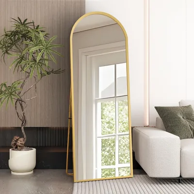 Immagine prodotto di Specchio a figura intera, specchio ad arco, 165x60 cm, cornice in metallo dorato, vetro temperato, da appoggio o da parete