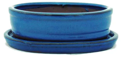 Produktbild von Bonsai-Schale mit Unterteller Gr. 2 - Blau - oval - Modell O7 - L 15,5cm - B 12cm - H 4,5cm