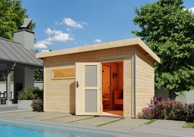 Produktbild von Karibu Saunahaus Außensauna Gartensauna Skrollan 3 unbehandelt Ofen 9 kW  externe Strg easy 38mm Massivholz 396x231x227 cm mit Milchglas Tür