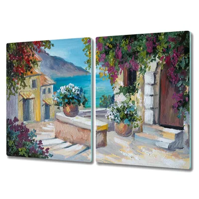 Produktbild von Coloray Hackbrett Herdabdeckplatte 2x40x52 cm Küchenbrett Kochplattenabdeckung Schneidebrett - Stadt Blumen Himmel