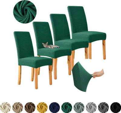 Produktbild von MEBLE ODNOWA, Stuhlhusse, Stuhlbezug, Standardgröße, Jacquard, Dunkelgrün , 4er Set, Karostruktur, elastisch, Stuhlbezüge, Stuhlhussen, maschinenwaschbar