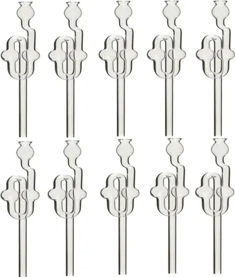 A collection of ten clear glass fermentation airlocks arranged in two rows of five.