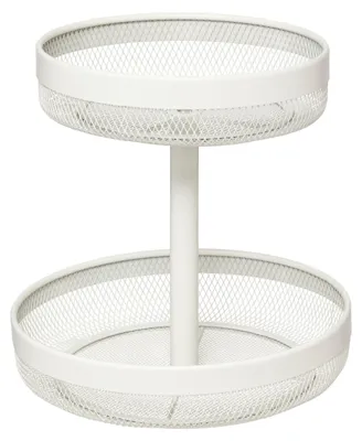 A two-tiered white metal basket.