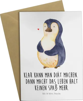Produktbild von Mr. & Mrs. Panda Klappkarte Pinguin Diät - Weiß - Geschenk, Grußkarte, Glückwunschkarte, Pinguine, Gewicht, einladungskarten, Abnehmen, osterkarte, glückwunschkarten