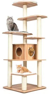 Immagine prodotto di Albero per gatti da 175 cm - Tiragraffi in legno - 6 livelli - Piattaforme con cuscini morbidi - Pali in sisal - Design antiscivolo - Colore naturale