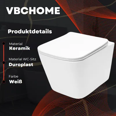 Produktbild von VBChome Hänge-WC Spülrandloses aus Keramik mit Toilettendeckel WC-Sitz aus Duroplast Absenkautomatik Rimless SoftClose-Funktion Tiefspüler Toilette