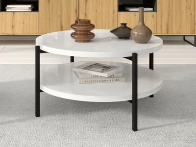 Produktbild von GrainGold Couchtisch mit Ablage Sevilla - Couchtisch Rund, Wohnzimmer Couchtisch, Moderne Couchtisch - Couchtisch Weiß Glanz