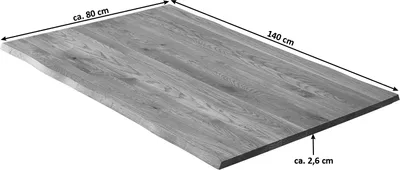 A close-up, angled view of a wooden tabletop with natural, uneven edges, showing its grain and dimensions.