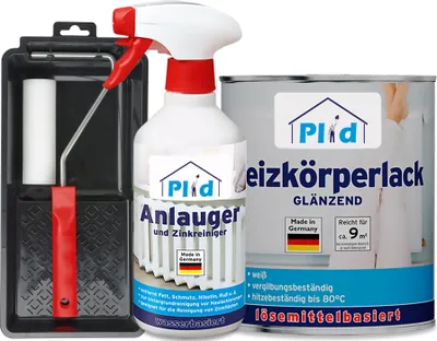 Produktbild von Plid Heizkörperlack 0,75L Weiß Glänzend LH / für ca. 9m² + Lackierset + Anlauger 0,5L