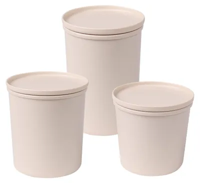 Three beige food storage containers of different sizes are arranged on a white background.