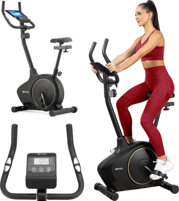 A collage of images showing a stationary exercise bike and a woman using it.
