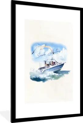 Produktbild von MuchoWow® MuchoWow® Gerahmtes Poster Boot - Vogel - Meer - Aquarell 60x90 cm - Poster mit zchwarzem Bilderrahmen - Dekoration - Wandposter Wohnzimmer - Hochwertig