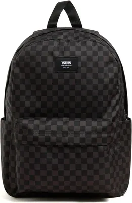 A black and gray checkered Vans backpack is shown against a white background.