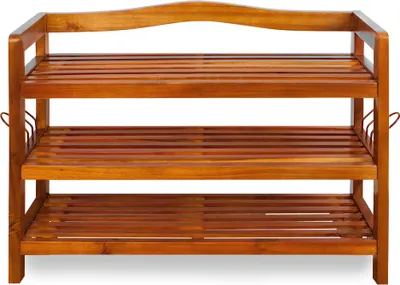 A three-tiered wooden shoe rack.