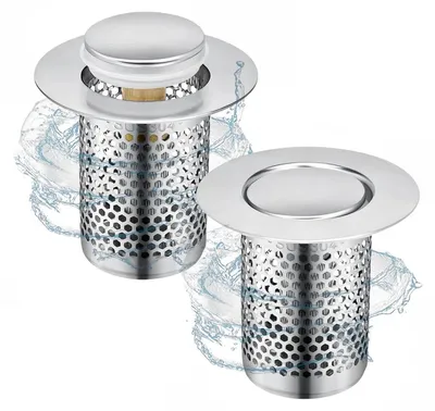 Immagine prodotto di 2 setacci di scarico in acciaio inossidabile per lavabi, da 33 a 50 mm, con tappo a pressione, colore argento
