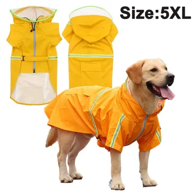 Produktbild von Hunderegenmantel Wasserdicht Hunde Regenjacke mit Reflektierenden Streifen, Verstellbarer Regenmantel mit Kapuze und Kragenloch