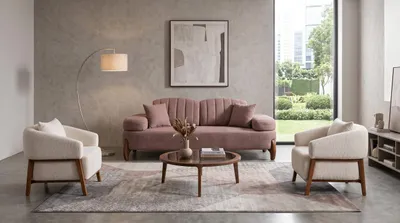 Productafbeelding van Bruinbeige woonkamer set, banken, stoffen banken, designmeubels
