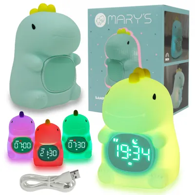 Produktbild von LED-Nachttischlampe RGB, kabellos, batteriebetrieben, Dino-Design mit Weckerfunktion, USB-Anschluss