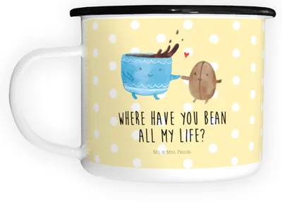 Produktbild von Mr. & Mrs. Panda Teetasse Kaffee Bohne - Gelb Pastell - Geschenk, Metallbecher, Pott, Zufriedenheit, Genuss, Haferl, Kaffeebohne, Große Tasse, Lustige Sprüche, Emaille