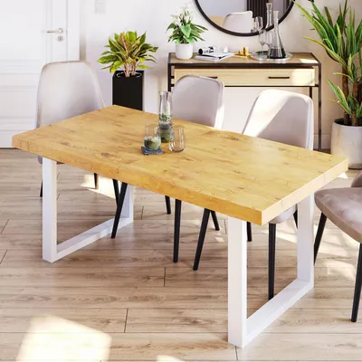 Produktbild von Furneo | Esstisch - Ausziehbarer Tisch - 180x90 cm - Klapptisch Esstisch - ausziehbar auf 280 cm - Eiche Lancelot - mit weißen Beinen - Loft Tisch