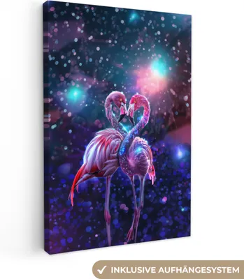 Produktbild von MuchoWow® - Leinwandbilder - Flamingos - Tiere - Weltraum - Galaxie, Wandbild, Wanddeko Bilder Wohnzimmer, 80x120 cm