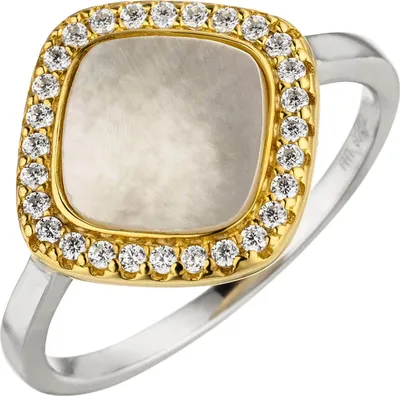 Produktbild von Ring Quadrat mit Perlmutt weiße Zirkonia, 925 Silber, rhodiniert teilvergoldet Innenumfang 56mm  Ø17.8mm
