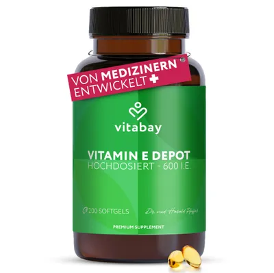 Produktbild von Vitabay Vitamin E 600 I.E. Depot – 200 vegane Softgels – mit D-Alpha-Tocopherol & Tocotrienolen – ohne Zusatzstoffe – für 12 Monate+