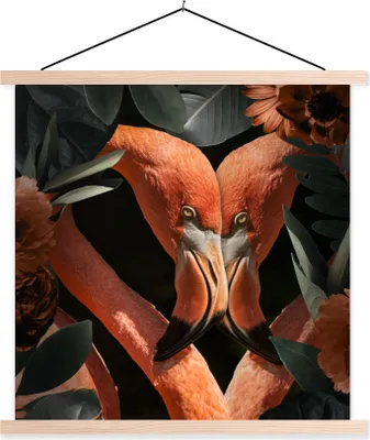 Produktbild von MuchoWow® Textilposter Flamingo - Blätter - Blumen 120x120 cm mit holzfarbenen Rahmen - Textil-Poster