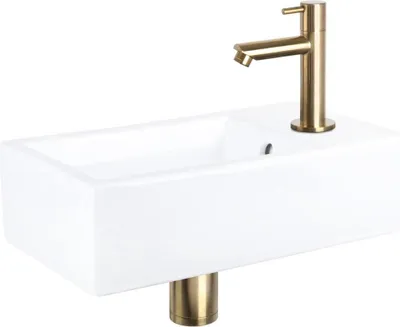 Produktbild von Differnz Force Aufsatzwaschbecken 40x22x11,5 cm – Waschbecken Bad aus Keramik Weiß – Mit Wasserhahn Bad in Mattgold – Waschtisch mit Standardgriff für Gäste-WC