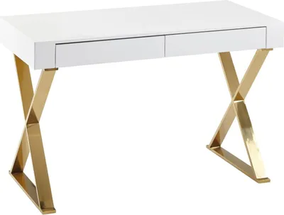 Produktbild von Schreibtisch 118x76x57 cm Holz Hochglanz Weiß Metallbeine Golden, Design Computertisch PC-Tisch Bürotisch Modern, Konsolentisch Schubladen