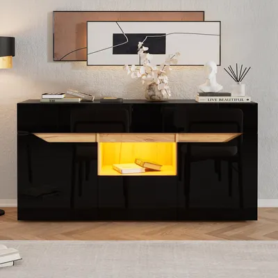 Produktbild von LED-Sideboard - 140x40x70 cm, Schwarz und Holzfarbe - Hochglanz mit App-gesteuerter LED-Beleuchtung - 4 Schubladen und 2 Türen
