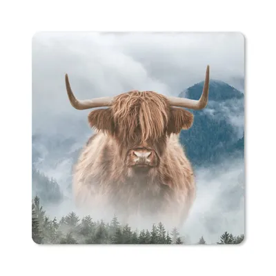 Produktbild von MuchoWow® Mauspad Mousepad Schottischer Highlander - Nebel - Berg 20x20 cm - Mousepads - Maus Mat - Pad - Mausunterlage - Desk Mat - Bureauartikeln