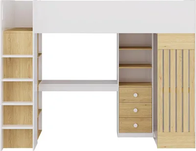 Produktbild von Zwischengeschoßbett 90 x 190 cm mit Schreibtisch und Bar - Weiß und Natur - LORINTI