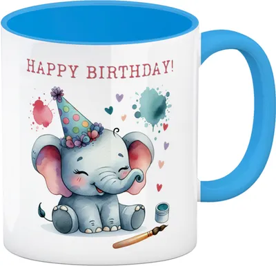 Produktbild von Happy Birthday Elefant Kaffeebecher in hellblau