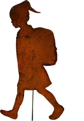 A silhouette of a girl with a backpack, made of rusted metal, standing on a thin metal rod.