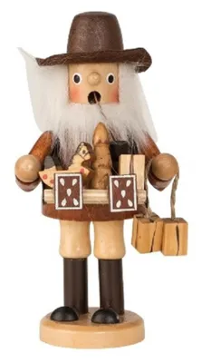 Räuchermännchen Händler mit Bauchladen, trägt einen braunen Hut und einen langen weißen Bart.